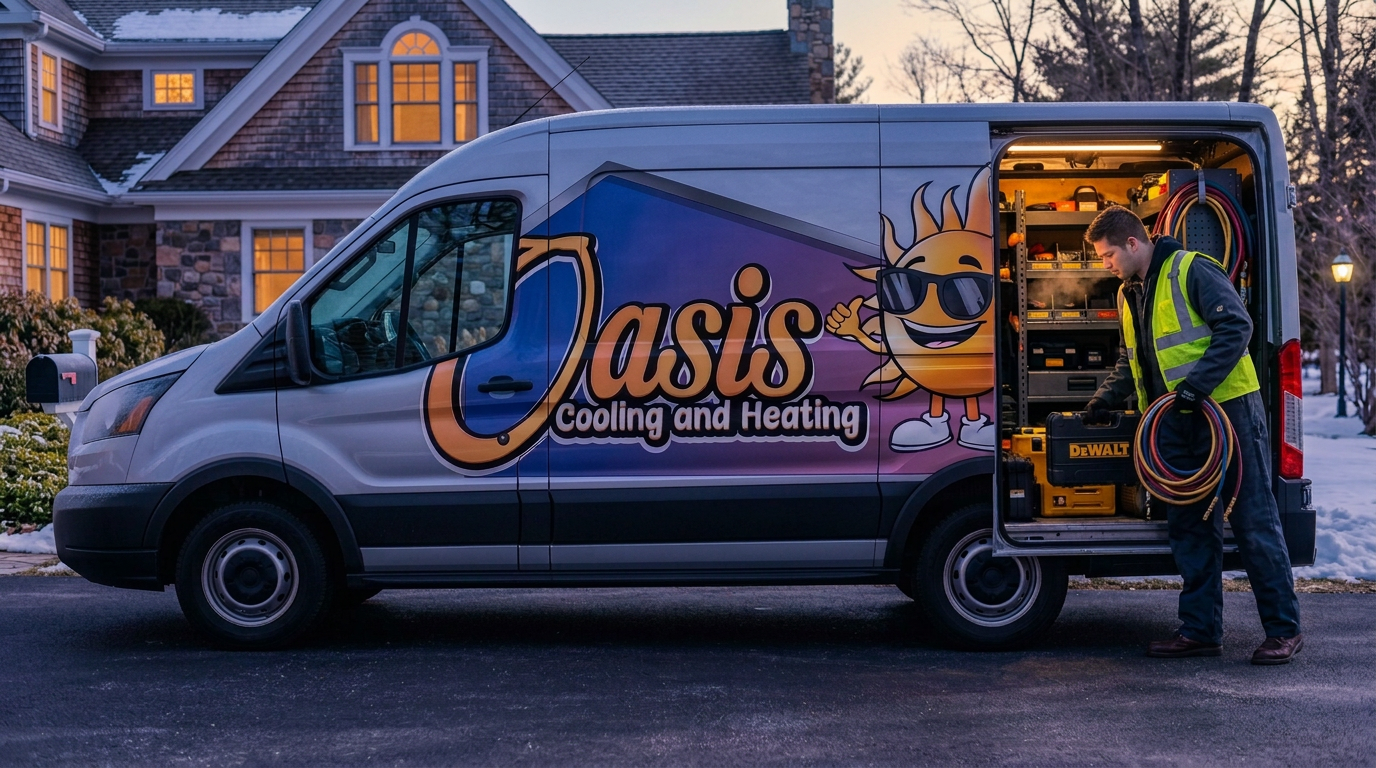 Oasis technician and branded van on an early-morning service call